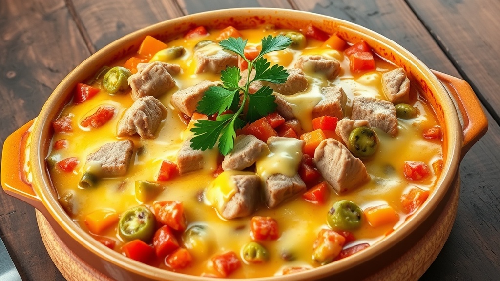 Hearty Pork Casserole Recipe A hearty Pork Casserole with golden-brown top, filled with pork and vegetables, garnished with parsley on a rustic table.